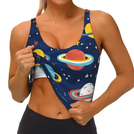 Qokaie Planets and Stars Pattern Womens Scoop Neck Sports Bra Breathable Workout Vest Padded U Back Medium Impact Fitness Gym Yoga Bra Workout Crop Top