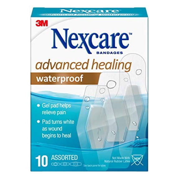 Nexcare Advanced Healing AWB10 Waterproof Bandages, Assorted Sizes, 10 Ea