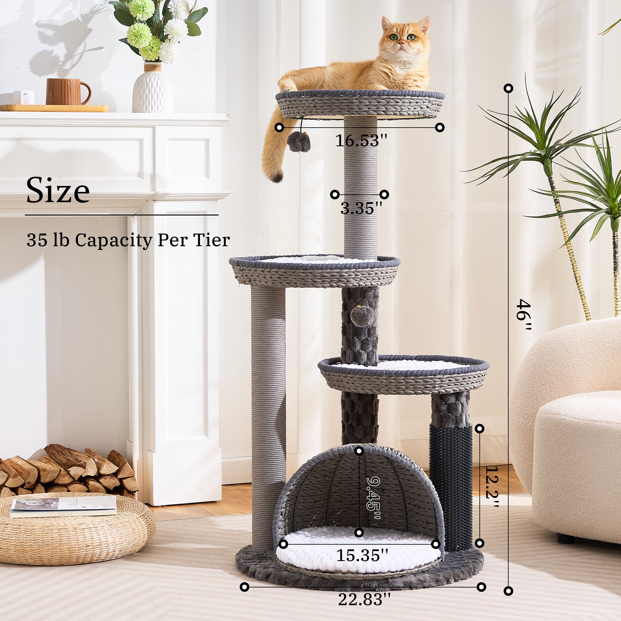 Wood Modern Cat Tree for Large Cat, 46" Tall Cat Tower with Sisal Scratching Posts, Cat Condo, Aesthetic Multi-Level Cat Climbing Tree with Hand-Woven Bed for Adult Indoor Cats-Blue