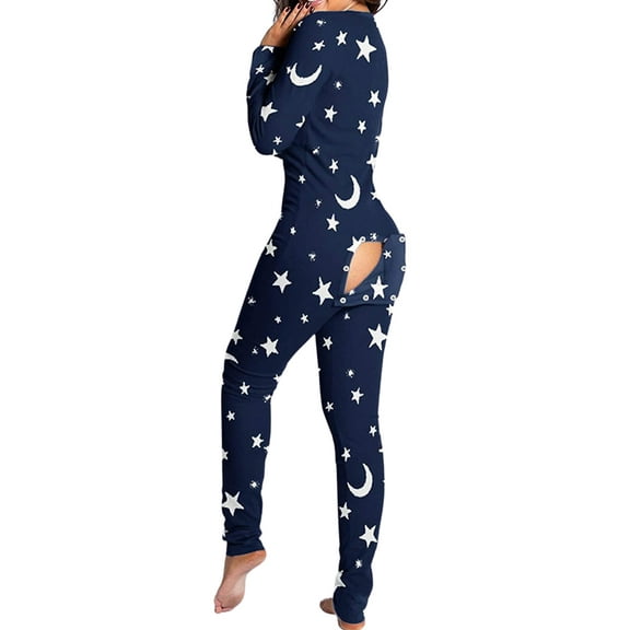 Women Butt Button Back Flap Jumpsuit Pajamas Onesies V-Neck Long Sleeve Bodysuit Rompers