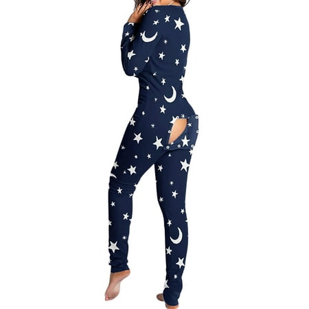 

wybzd Women s Butt Flap Pajamas Onesies Deep V Neck Bodycon Jumpsuit Long Sleeve Romper Overall Navy Star Moon L