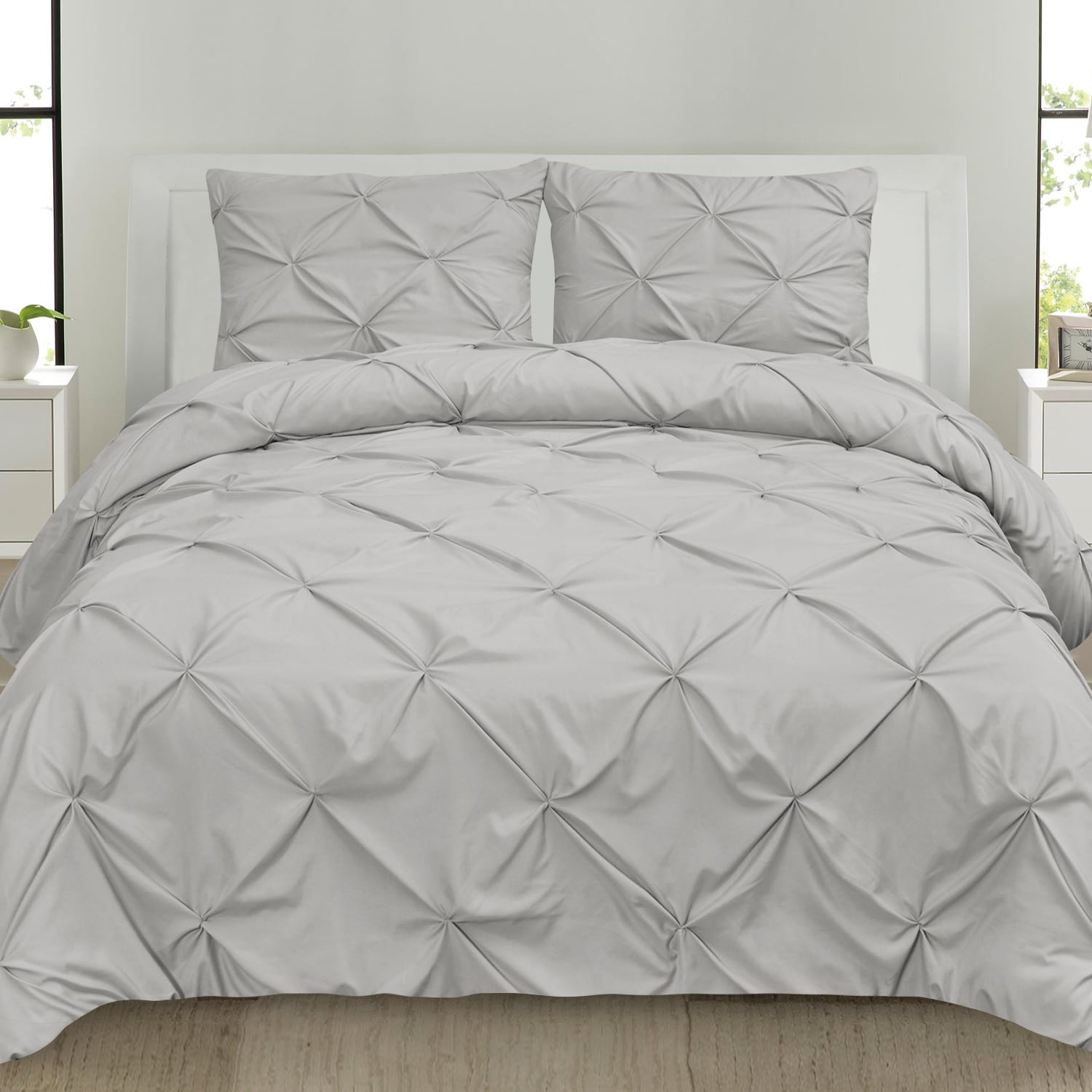 Sweet Home Collection, Luxury 4-Piece Silver Pinch Pleat Pintuck Duvet with Shams and White Comforter Set, Queen, Silver, Pintuck