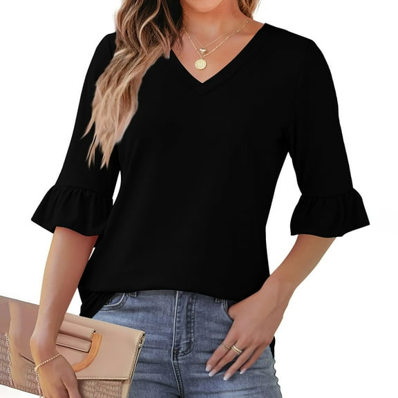 CHGBMOK Womens Ruffle Sleeve Blouses 3/4 Sleeve V Neck T Shirts Casual Dressy Tops Loose Fit Going Out Outfit