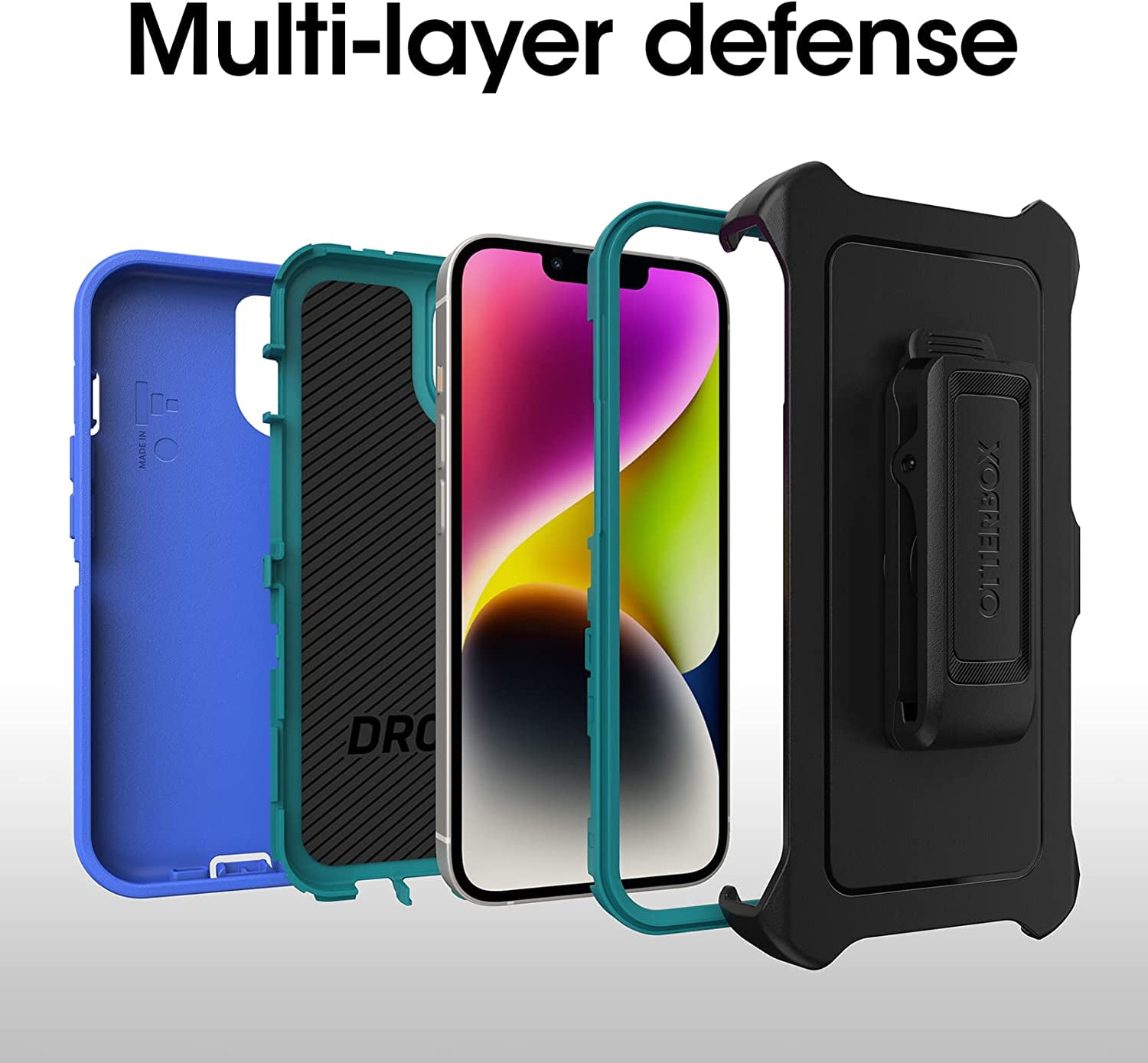 OtterBox Defender Rugged Carrying Case (Holster) Apple iPhone 14 Plus Smartphone, Rain Check (Blue)