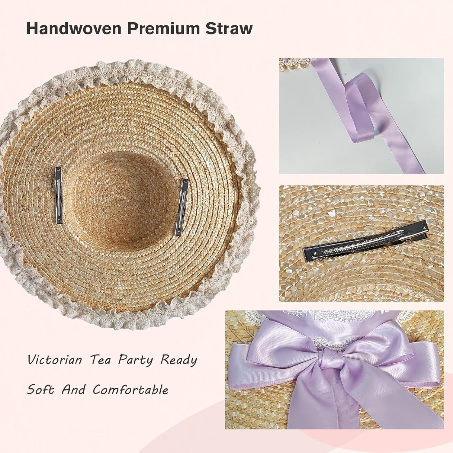 Kukuzhu Women Victorian Tea Party Sun Hat, Lolita Bows Flower Ribbon Flat Straw Hat Summer Beach Bonnet Cap for Travel