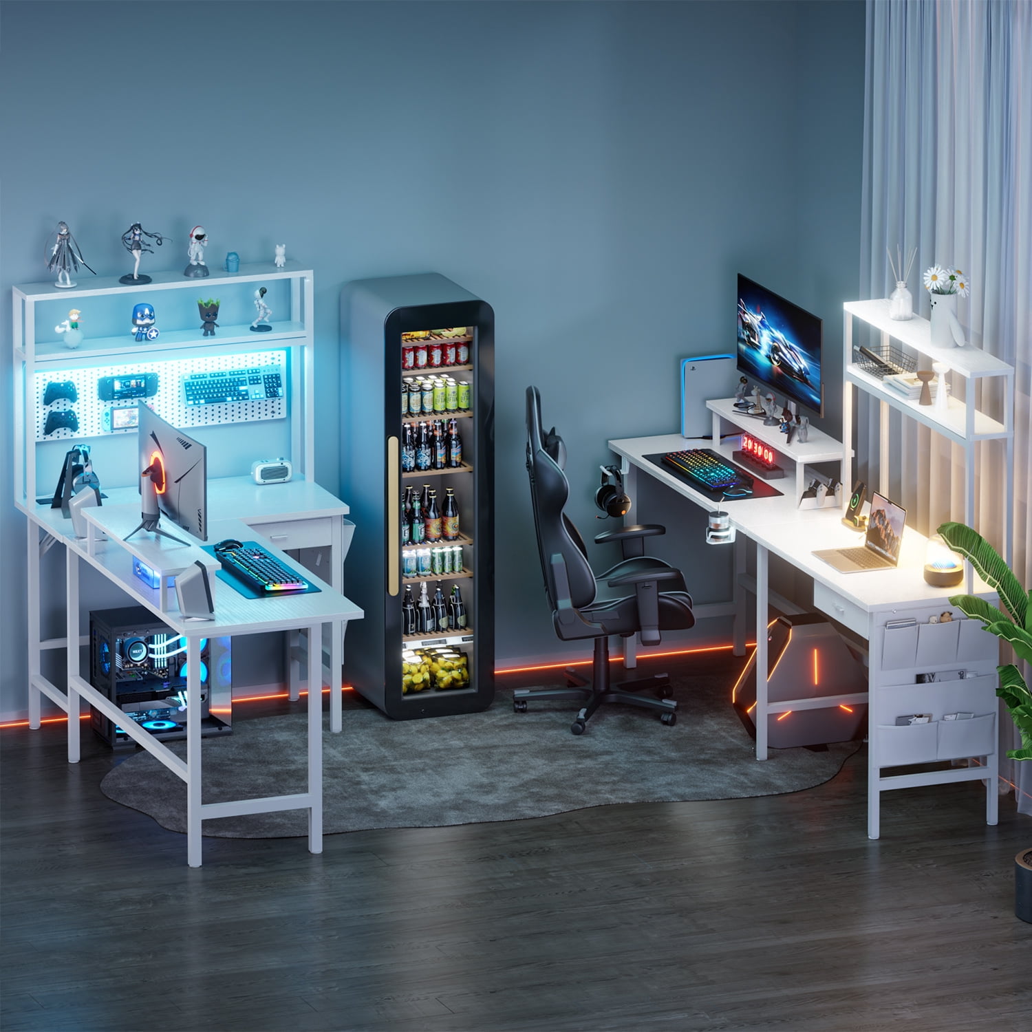 HLDIRECT L Shaped Gaming Desk with LED Light & Power Outlet, 59 Inch Reversible Corner Computer Desk with Storage Shelves & Drawer & Bag, Game Table with Hutch Monitor Stand, White