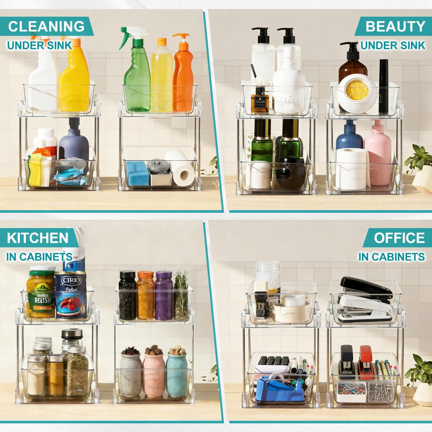 Sorbus Clear 2-Tier Pull-Out Organizer Set, 2-Pack Storage Drawers for Makeup and Skincare
