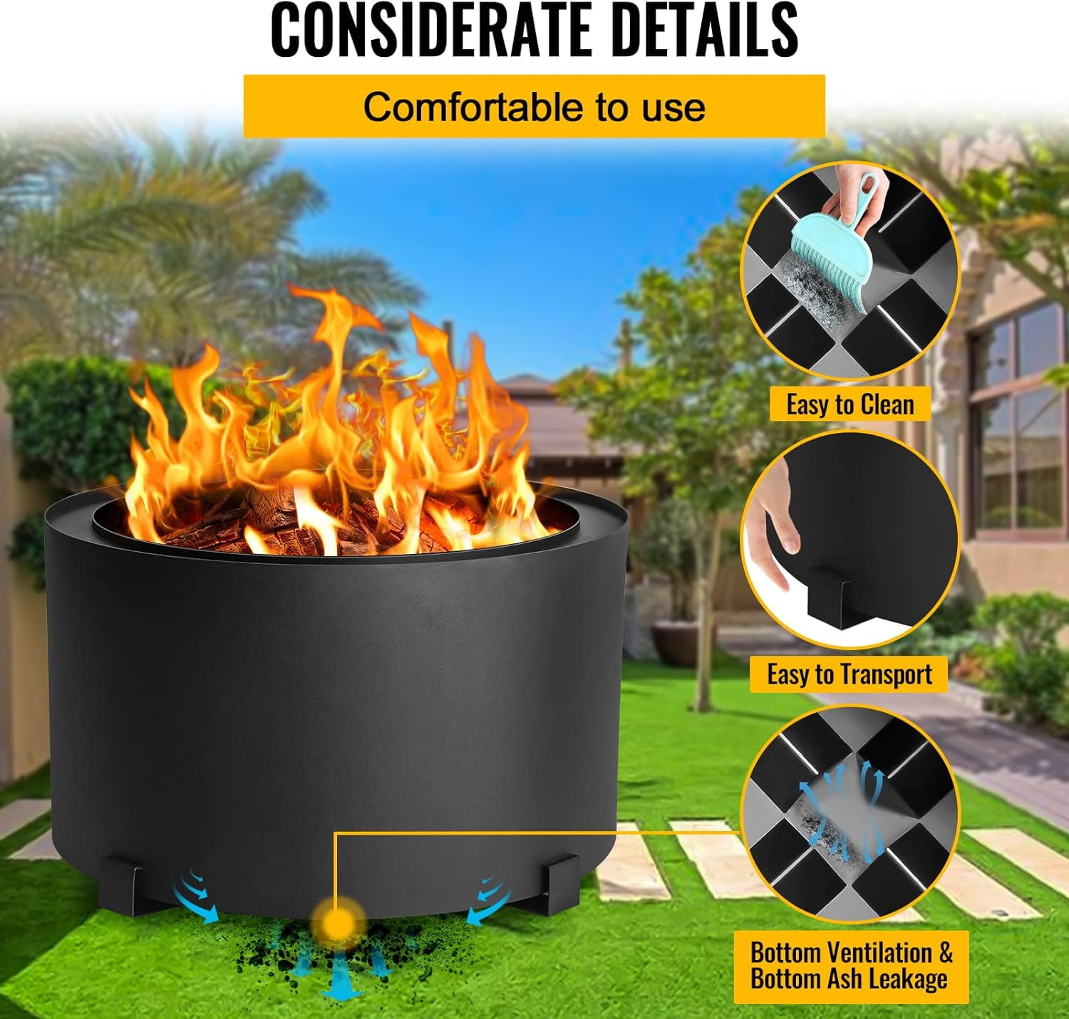 Smokeless Fire Pits Large Wood Burning Fire Pit Carbon Steel Stove Bonfire Fire Pit Portable Outdoor Fire Bowl for Picnic Camping Backyard (23.6 Inch)