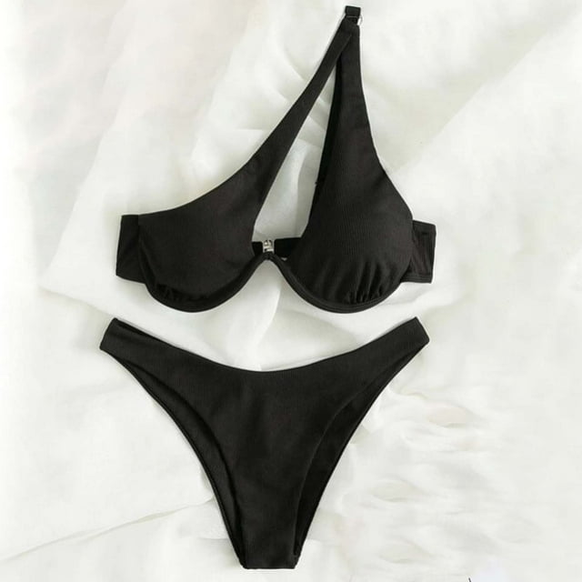 Cameland Ladies' Sexy Split Shoulder Steel Support Bikini Solid Color Two-piece Swimsuit