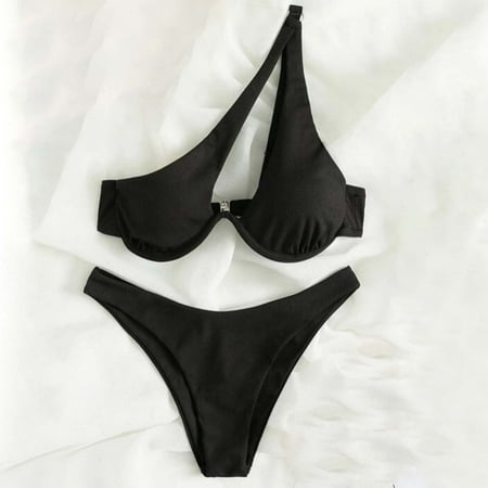 Odbmxy Two Piece Bathing Suits for Women One Shoulder Women s Swimsuit Bralette Holiday Solid Color Bikini Swimwear Black M