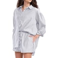 thumbnail image 4 of JULMCOMO 2 Piece Sets for Women Striped Button Down Long Sleeve Shirts Drawstring Wide Leg Summer Shorts Cruise Lounge Outfits Gray S, 4 of 6