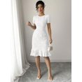 thumbnail image 6 of White Floral Embroidered Puff Sleeve Ruffle Hem Midi Sheath Dress, 6 of 30