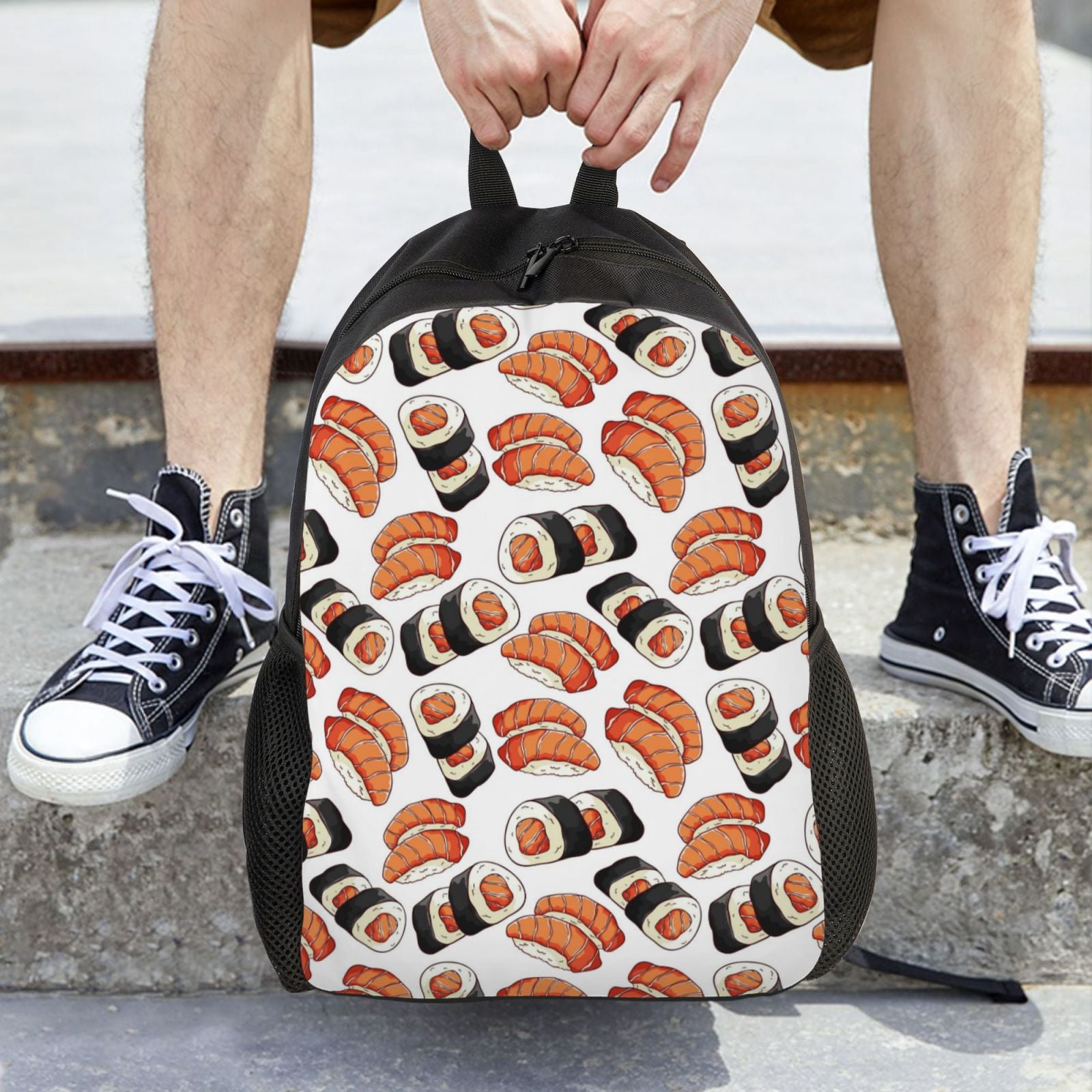 Xecao Sushi Roll Print School Backpack with Laptop Compartment Small Travel Laptop Backpack for Women Men Waterproof College Backpack Simple School Bag