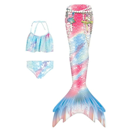 Toimothcn Girl s Swimsuit Sleeveless Casual Colorful Fish Scale Printed 3 Piece Tail Bikini Set Quickly Dry Cover Up Swimwear 5-6 Years