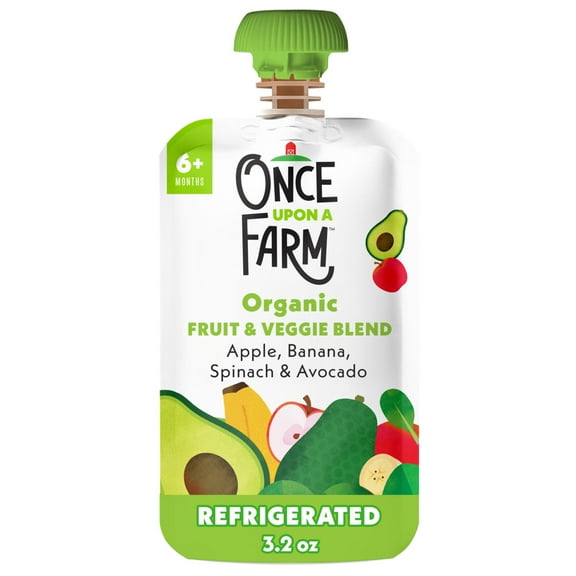 Once Upon a Farm Organic Refrigerated Baby Food Fruit & Veggie Blend Apple, Banana, Spinach & Avocado, 3.2oz Pouch