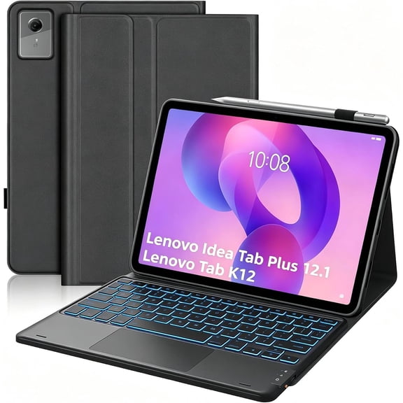 7-Color Backlit Trackpad Keyboard Case, Ultra-Slim Leather Stand Cover for 2025 Lenovo Idea Tab Plus 12.1 / Tab K12 TB361FU/TB361ZU, Black