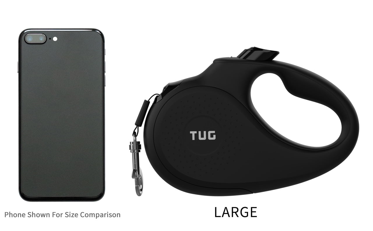 TUG 360° Tangle-Free, Heavy Duty Retractable Dog Leash for Up to 110 lb Dogs; 16 ft Strong Nylon Tape/Ribbon; One-Handed Brake, Pause, Lock (Large, Black)