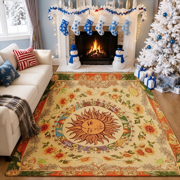 Gelasgo Vintage Sun Celestial Velvet Area Rug, Floral Boho Decorative Carpet, Soft Bedroom Living Room Rug, Colorful Indoor Floor Mat for Home Decor
