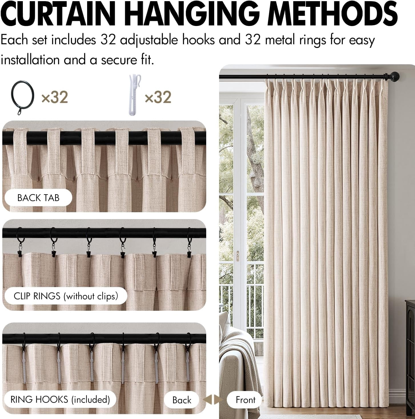 Pinch Pleated Thick Linen Curtains 90 Inch Long 4 Panels Set Back Tab Memory Trained Pinch Pleat Semi Sheer Light Filtering Privacy Curtains Let Light in Window Drapes for Living Room Bedroom