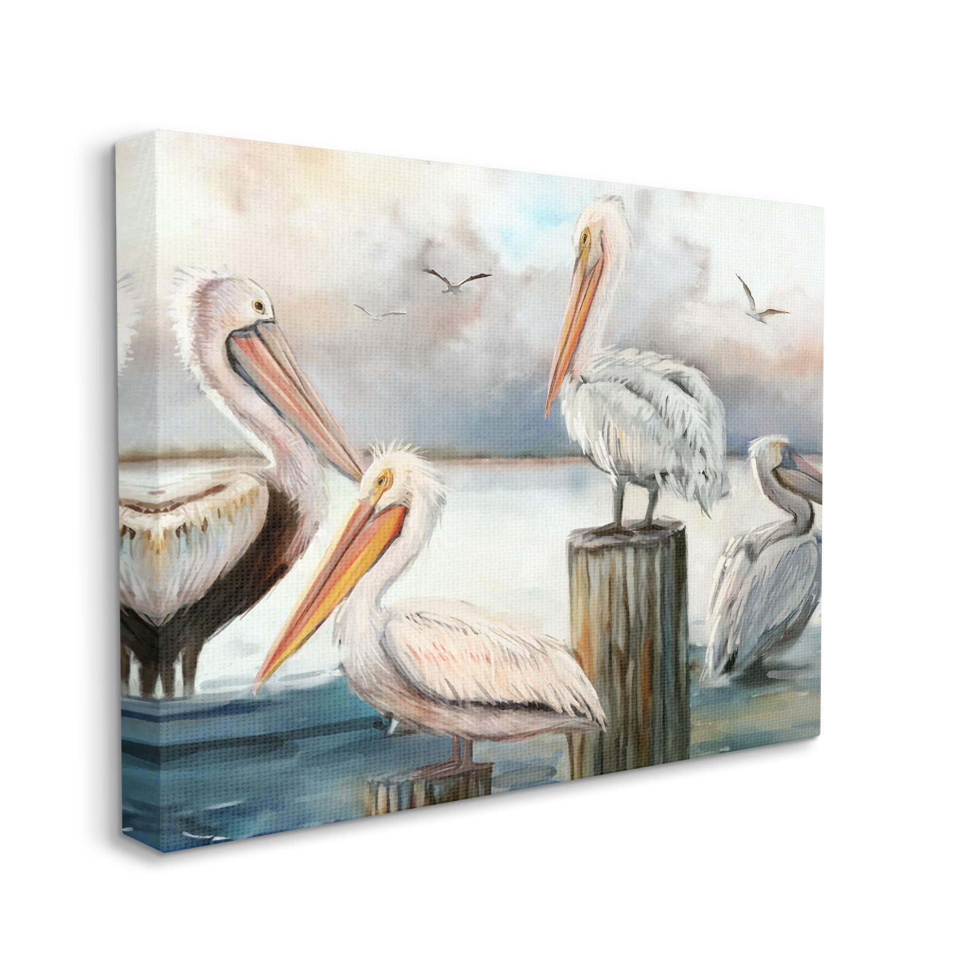 Stupell Industries Pelicans Perched Cloudy Horizon Coastal Painting Gallery Wrapped Canvas Print Wall Art