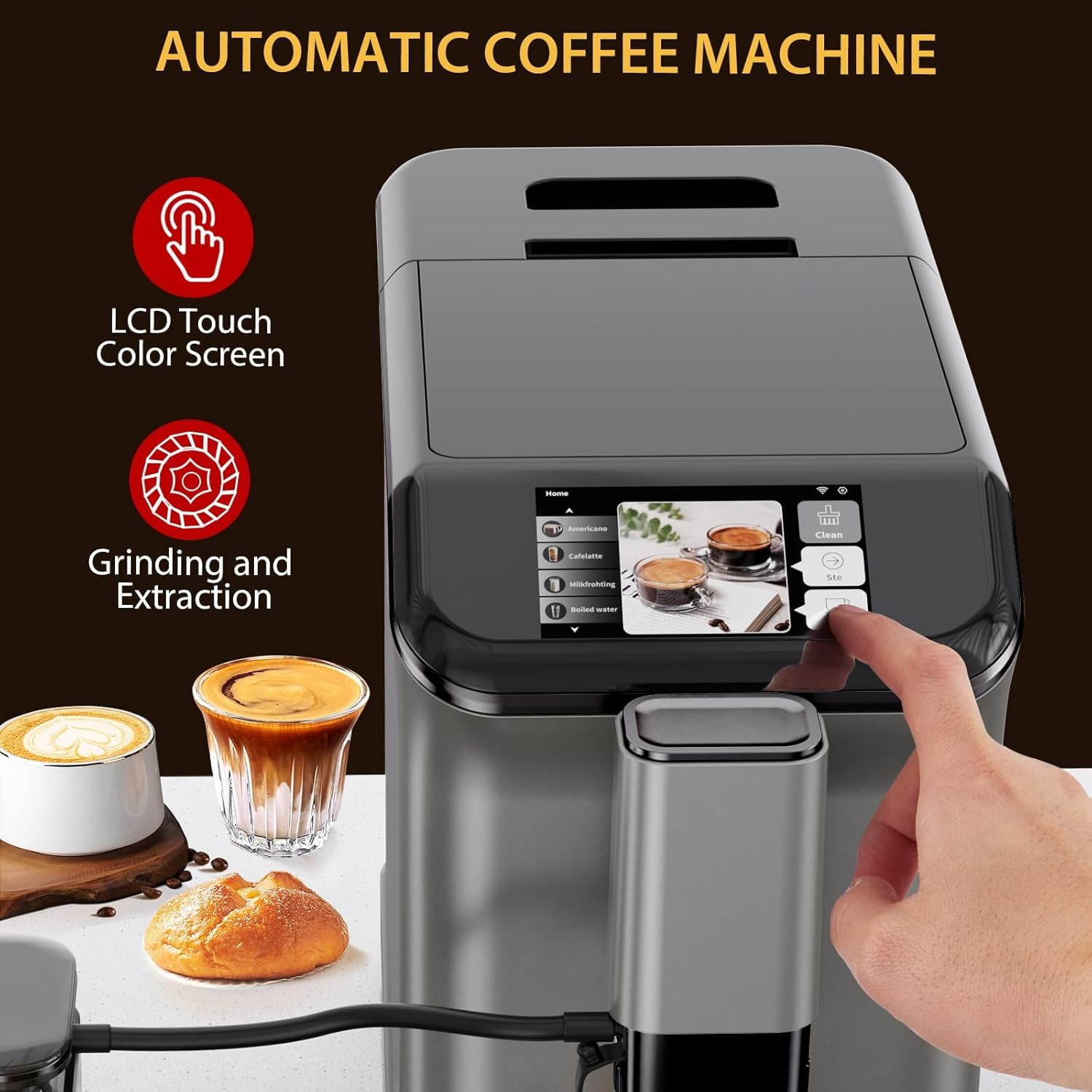 AOILE 20-Bar Dual Boiler Espresso Machine, Self-Cleaning Coffee Maker with Grinder & LCD Touch Panel