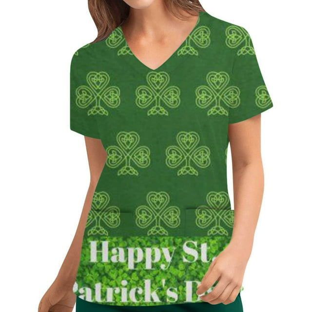 EGNMCR Blouses Médicales pour Femmes Mode Femmes Impression de la Saint-Patrick Manches Courtes Col en V Hauts Uniforme de Travail Infirmier Cadeaux de la Saint-Patrick pour Femmes