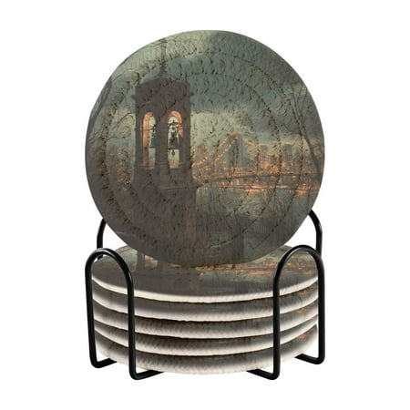 

Coil Coasters Set of 6，Bell Tower3.94-inch diameter printed on one side non-slip heat-insulating moisture-wicking home accessory.