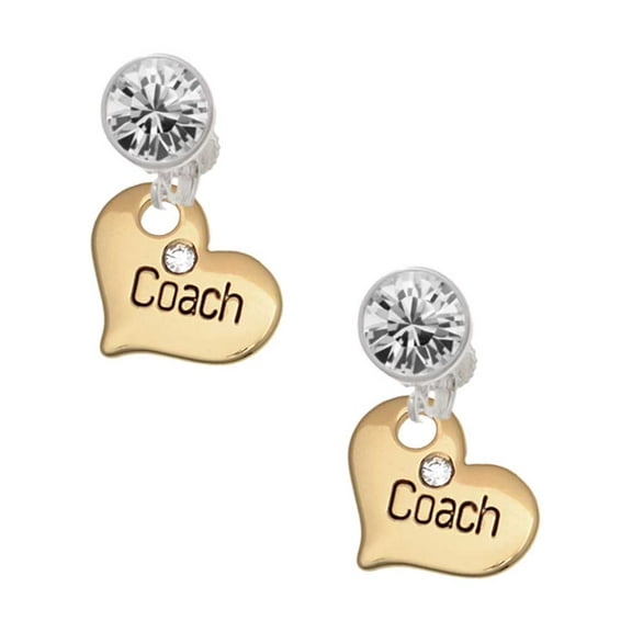 Goldtone Large Coach Heart with Crystal - Clear Crystal Clip On Earrings