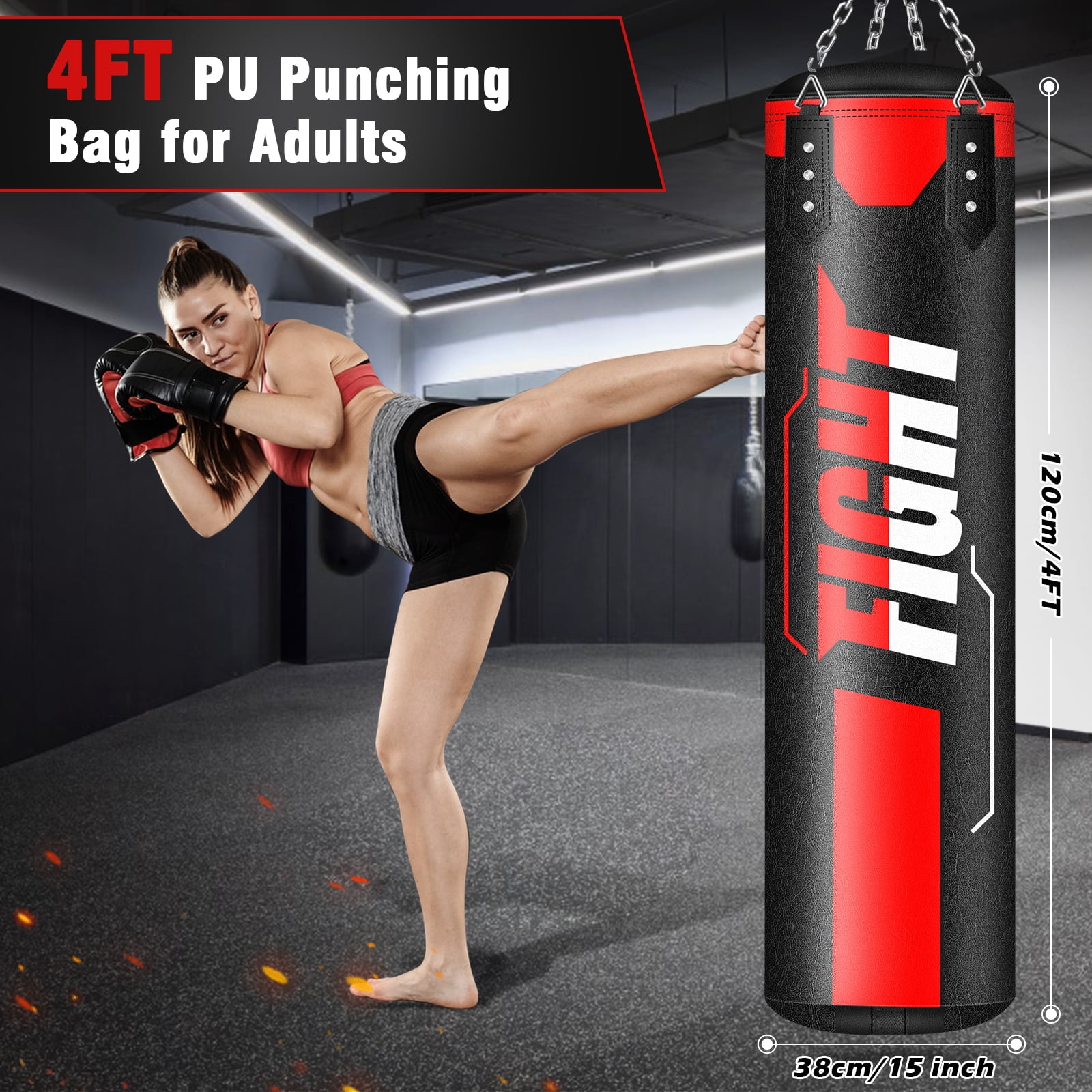 YORWHIN Punching Bag Hanging  for Adults, 4FT PU Heavy Boxing Bags with Chain Ceiling Hook, Hanging Boxing Bag for Training Muay Thai Karate Kickboxing Taekwondo Home Gym,Unfilled