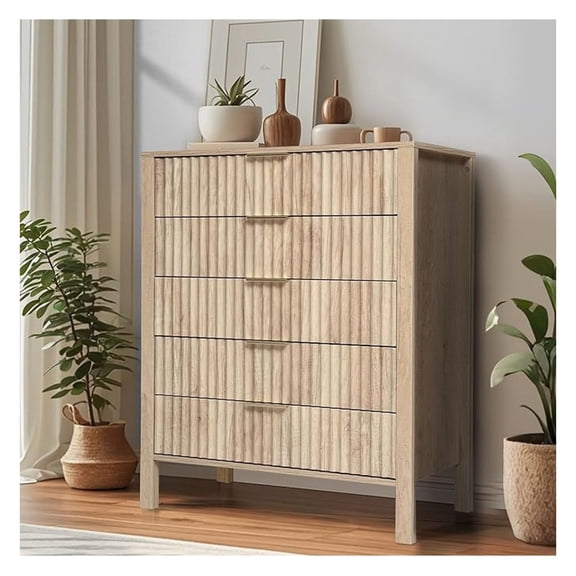 Fluted 5 Drawer Dresser, Wooden Chest of Drawers with Wide Metal Handles, 42" Tall Storage Dresser Organizer with Curved Profile Design for Rest Room, Kitchen, Hallway Closet, Natural Wood