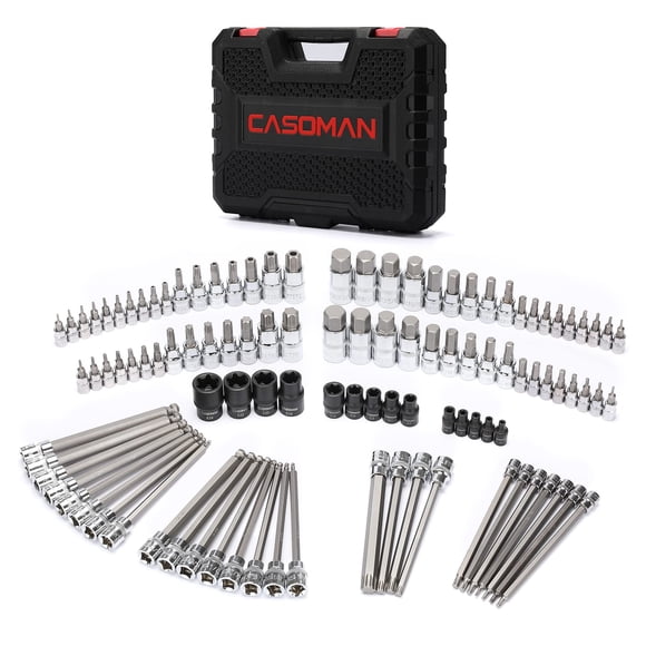 CASOMAN Ensemble de 107 Pcs de Douilles, 1/4 Pouces, 3/8 Pouces et 1/2 Pouces d'Entraînement, Torx/Extra long/anti-Tamper Torx/hex/bille Hex, Sae/métrique, S2 Embouts en Acier