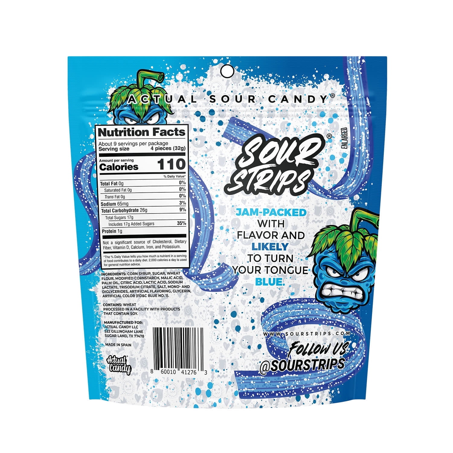 Sour Strips Blue Raspberry Flavored Chewy, Sour Candy Party, 10.2 oz