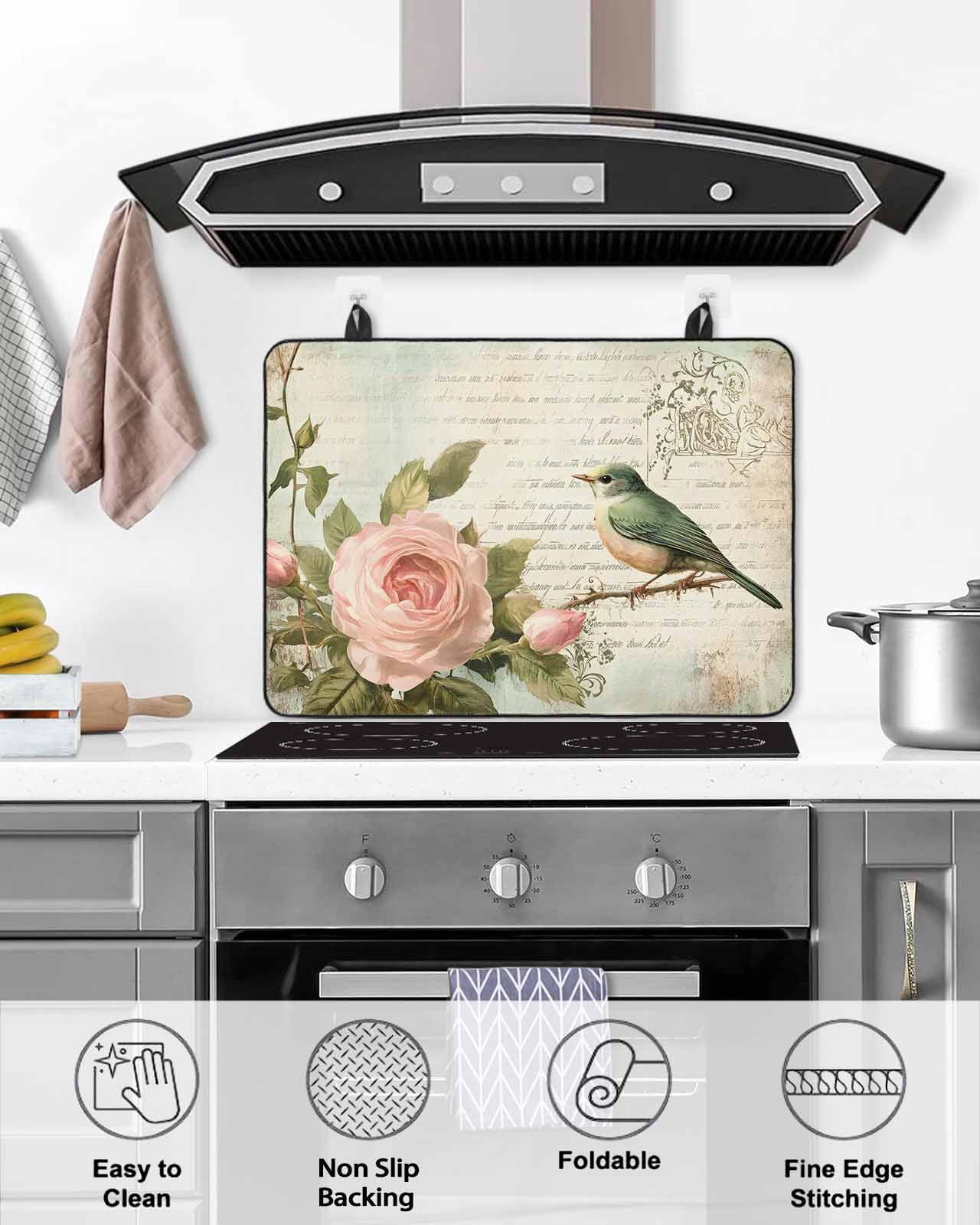 nqOlkjepod Large Induction Cooktop Protector Mat 24"x21", Pink Floral Stove Top Covers for Electric Stove, Bird Branch Vintage Mottled Middle Century Stove Burner Cover Mats, Glass Top Stove Cover