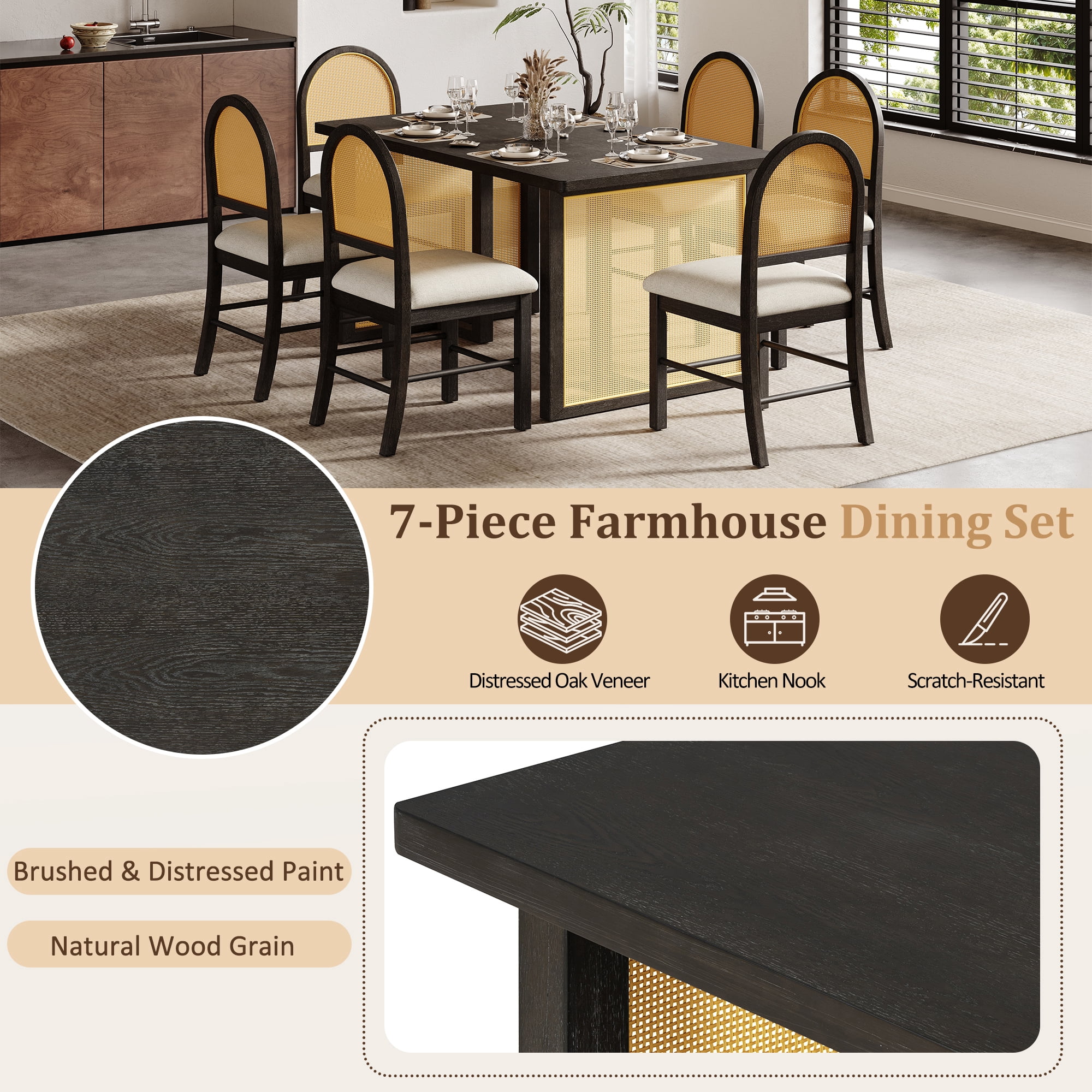 HOQBN Farmhouse 7 Piece Dining Table Set for 6,59.8" Rectangular Dining Table with Distressed Oak Veneer and 6 Rattan Chairs, Rustic Kitchen Furniture for Dining Room,Beige