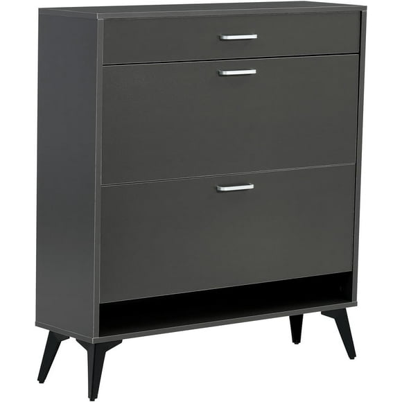 Multifunctional Double Tipper Cabinet Modern Organizational Cabinet with Drawers Self-Standing Wooden Storage Combination Cabinet for Entrance, Bedroom, Hallway, Living Room, Grey