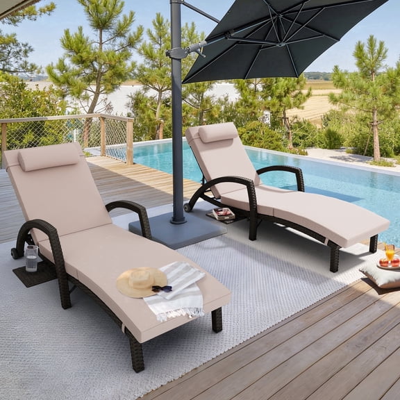 Mvpipi Outdoor Chaise Lounge Chairs Set of 2, 5 Position Adjustable Wicker Patio Pool Lounge Chair with Cushion, Pillow, Side Tray and Rubber Wheels for Backyard Deck Porch Outside (Khaki)