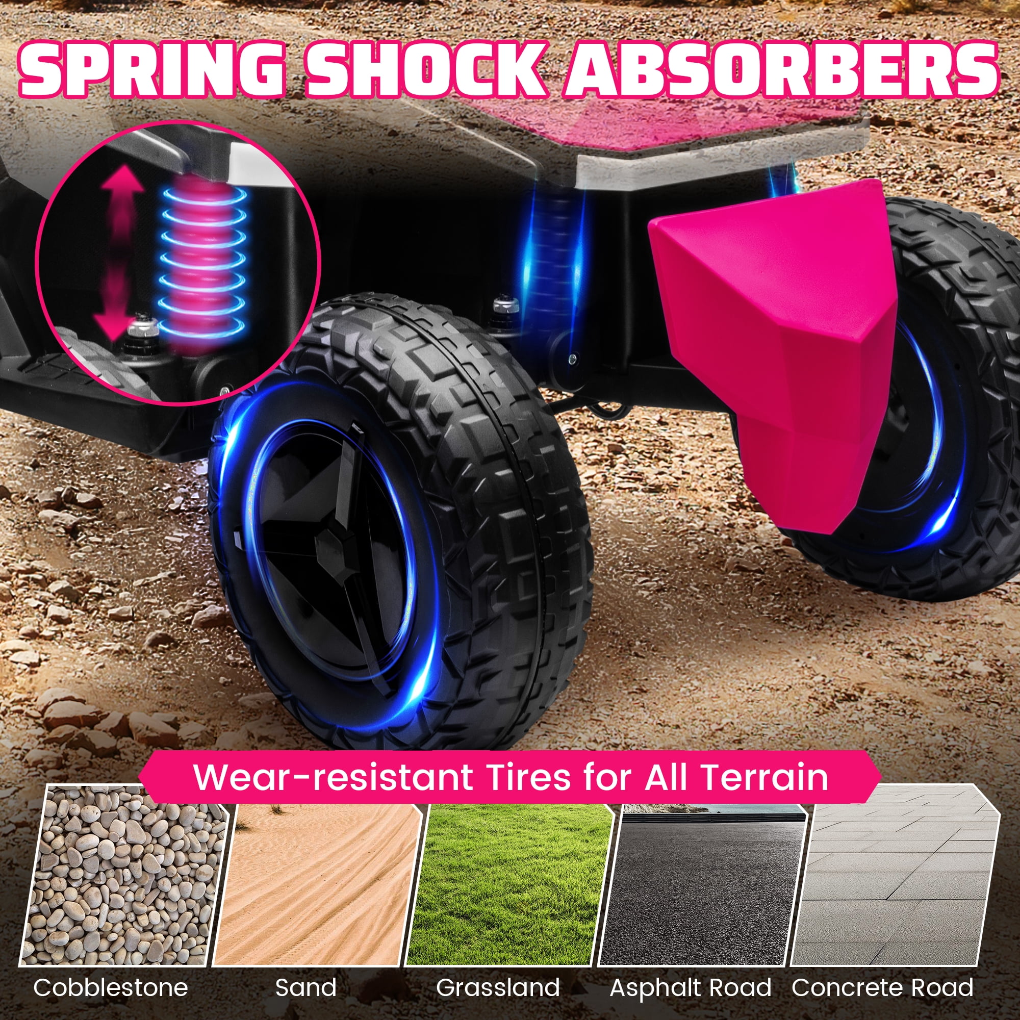 POP FRIENDS Kids ATV 24V, 4WD Ride on Toys Electric Car for Ages 3+ Toddlers Boys Girls with Remote Control, LED Headlights, Anti-Slip Tires, Bluetooth, Music Player, Pro Pink