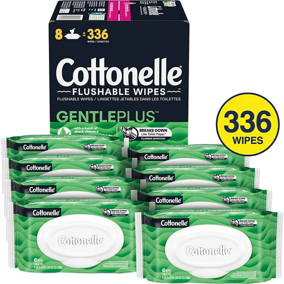 (336 Total Flushable Wipes) 8 Flip-Top Packs, 42 Wipes per Pack - GentlePlus Flushable Wet Wipes