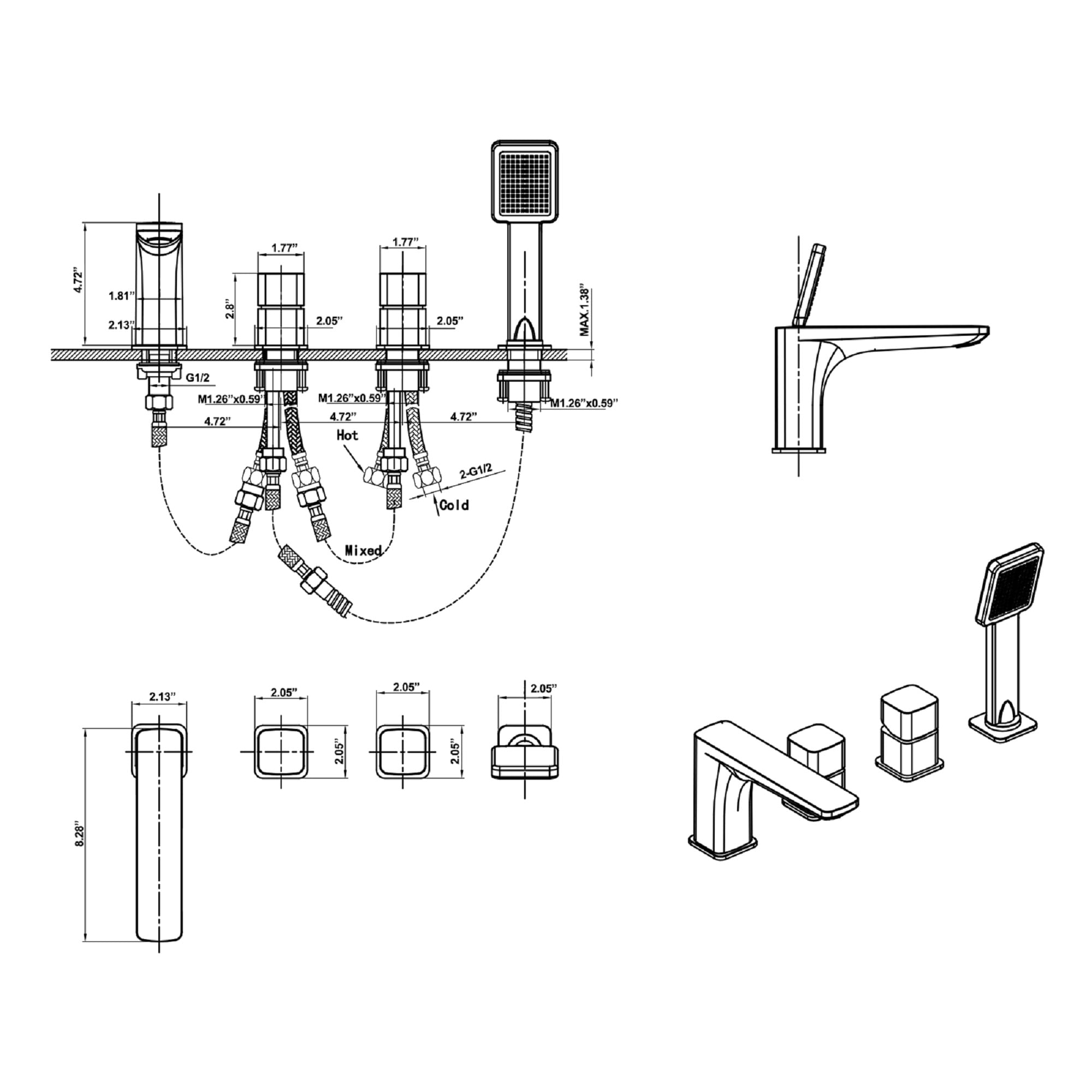Four Holes Bathroom Bathtub Faucet, Deck Mounted Tub Faucet with Hand Shower