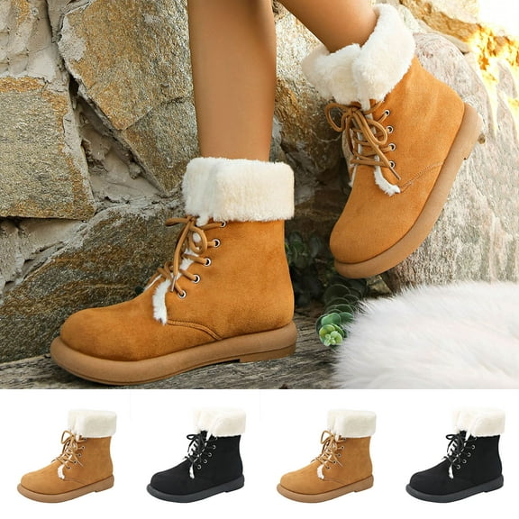 Lovzfmll Snow Boots for Women, Fur Lined Warm Winter Ankle Booties, Flat Heel Lace Up Casual Comfy Outdoor Hiking Walking Shoes, 5.5, Brown