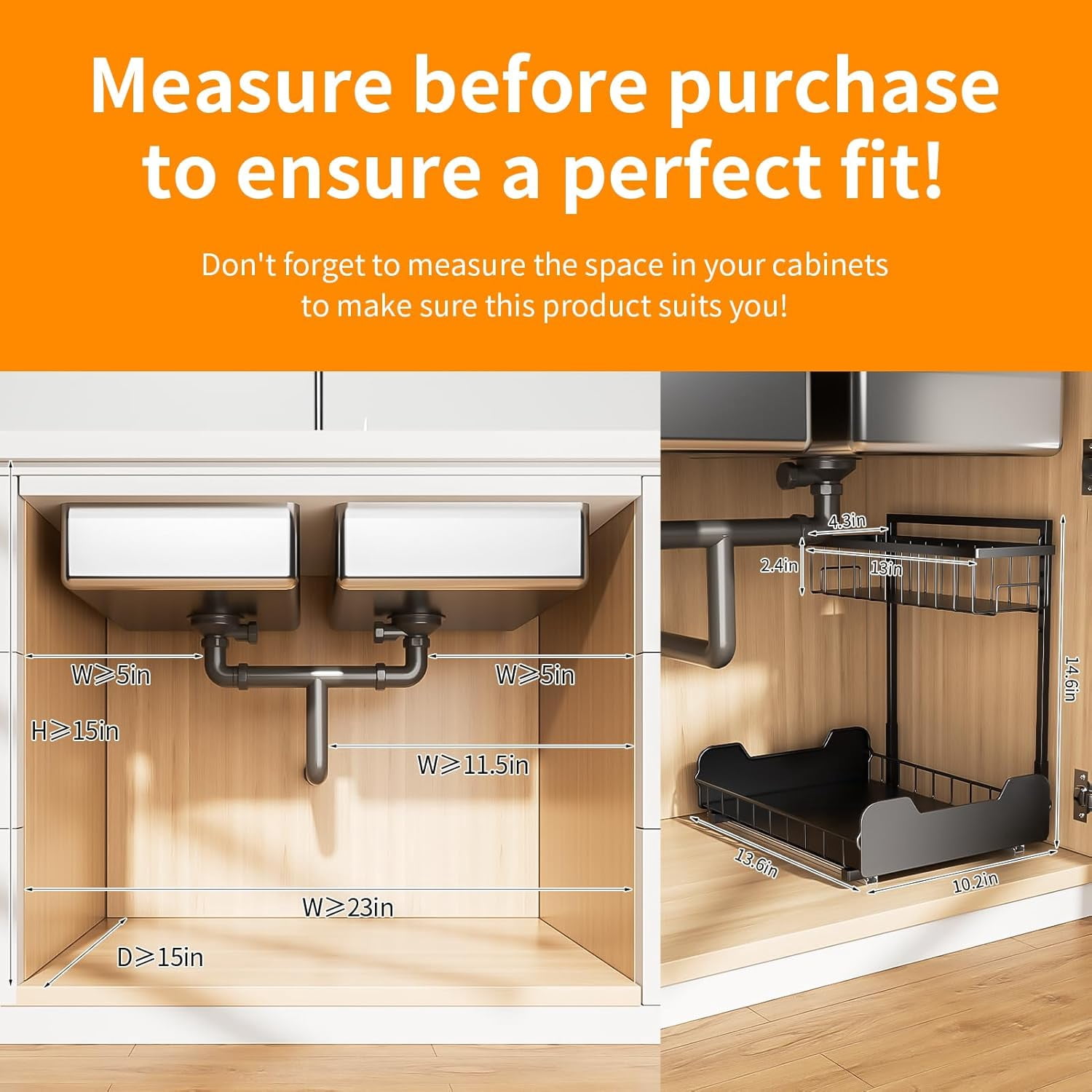 Under Sink Organizer, 2-Tier L-Shaped Pull Out Cabinet Shelf with 2 Installation Methods, Adjustable Sliding Storage Drawer for Kitchen, Bathroom, Laundry, Metal, Black