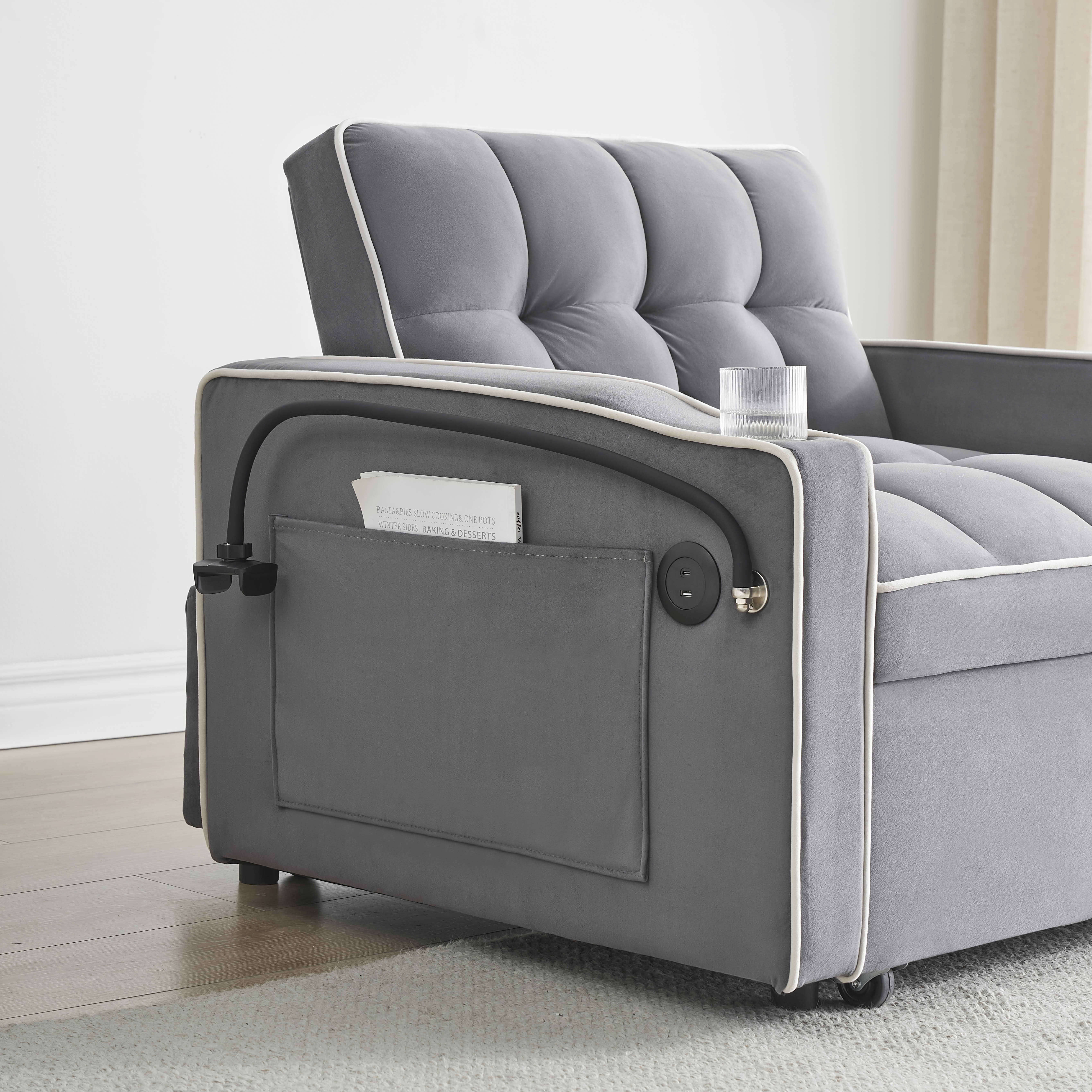 MAYEERTY Dark Gray Velvet Foldable Single Sofa Bed, Adjustable Back Pull-Out Couch with USB Port, Ashtray & Swivel Phone Stand Eucalyptus Wood Frame