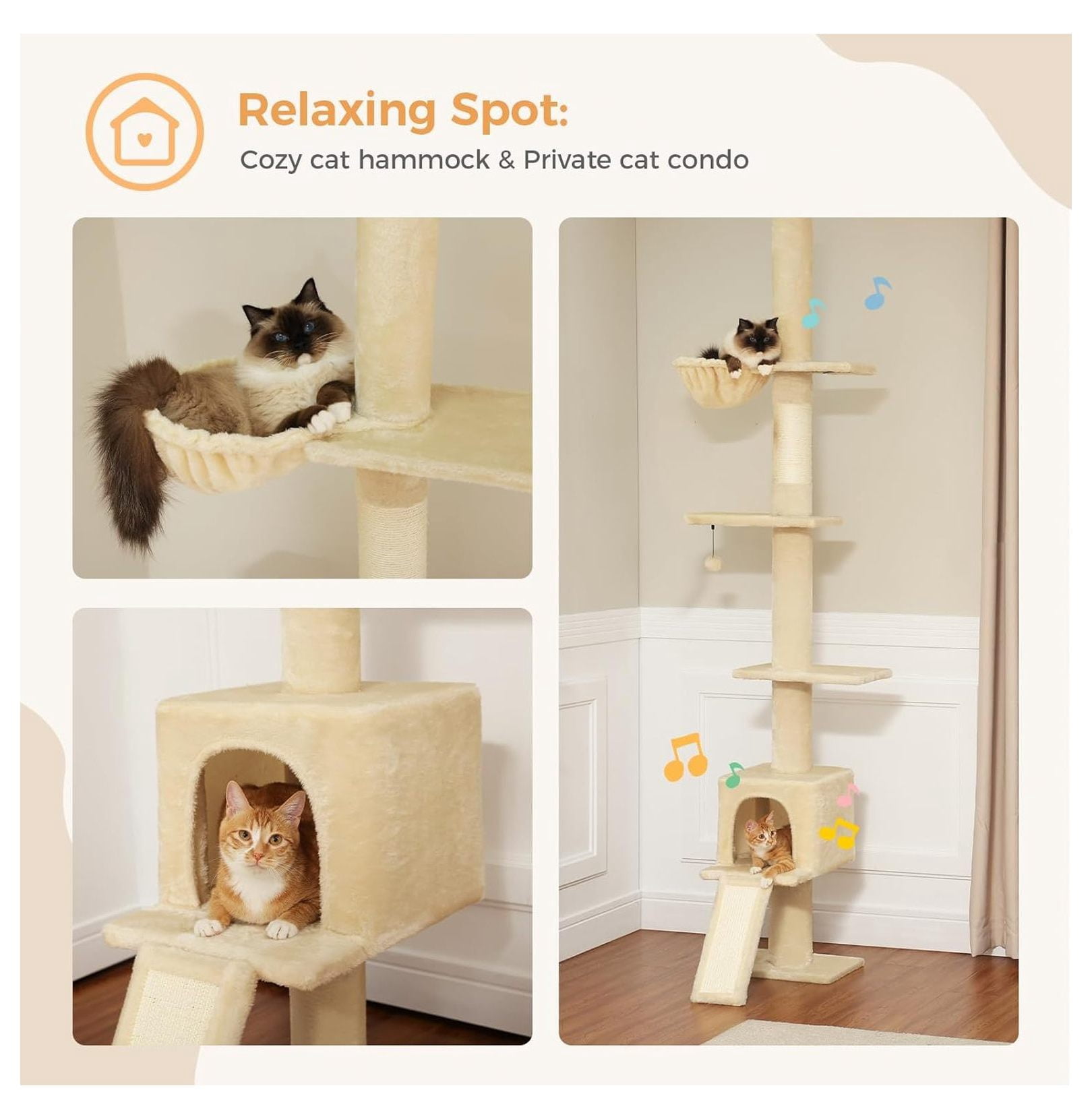 Floor to Ceiling Cat Tree, Tall Cat Tower Adjustable 83''-108'' 5 Level Indoor Cat Climbing Tree with Condo & Hammock, Scratching Post, Beige