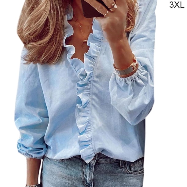 Qarigey Blusa Estampado Verano Camisa Estampado Verano Manga Larga Cuello V Trabajo Mujer Top Prendas para la parte del cuerpo Azul 3XL