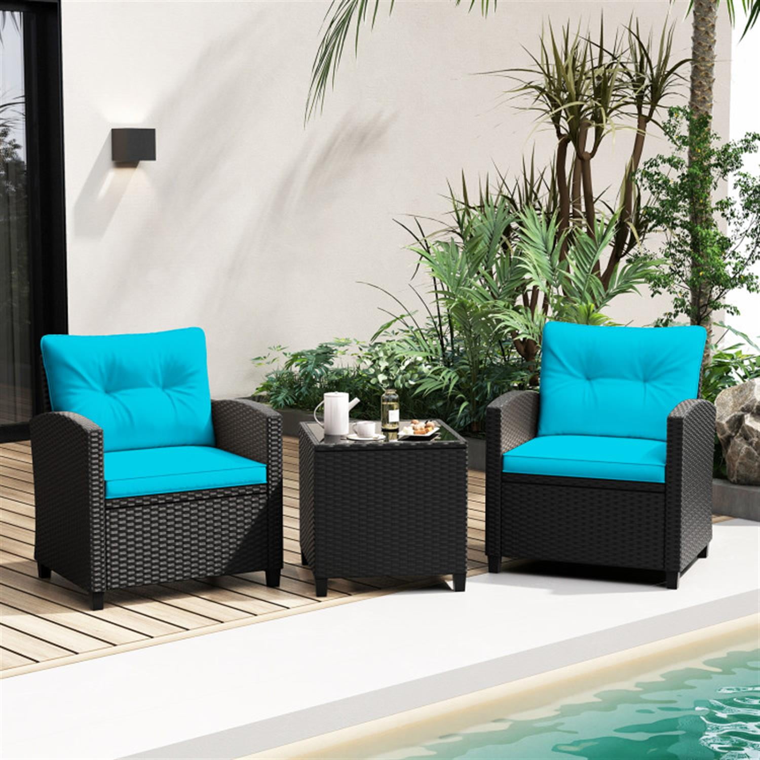 Demi Bonn 3 Pieces Rattan Patio Furniture Set with Washable Cushion, Conversation Armchairs for Garden Poolside Balcony, Turquoise
