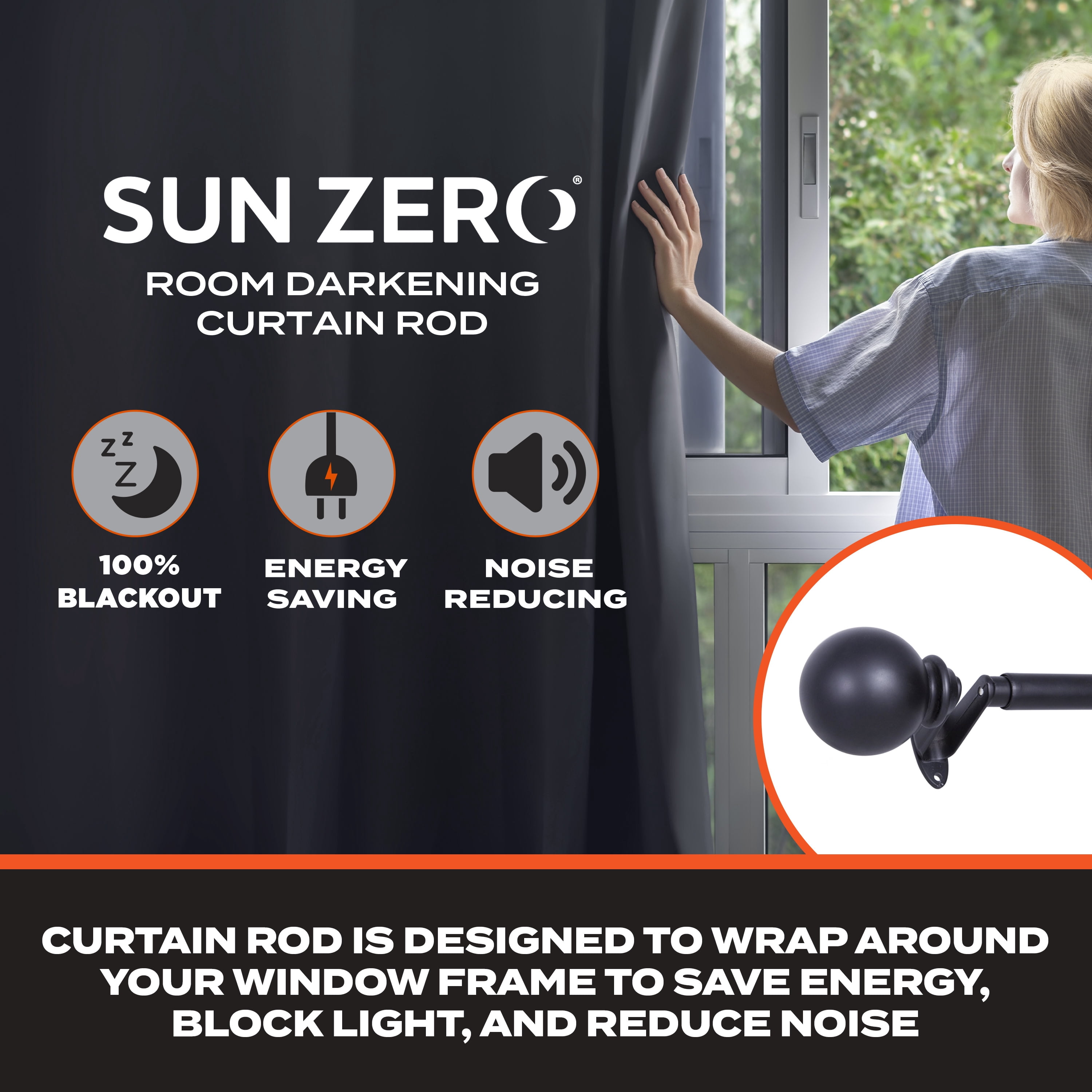 Sun Zero Philip Decorative Room Darkening Steel Wrap Rod, 66-120" Adjustable Length, 3/4" Dia., Matte Black
