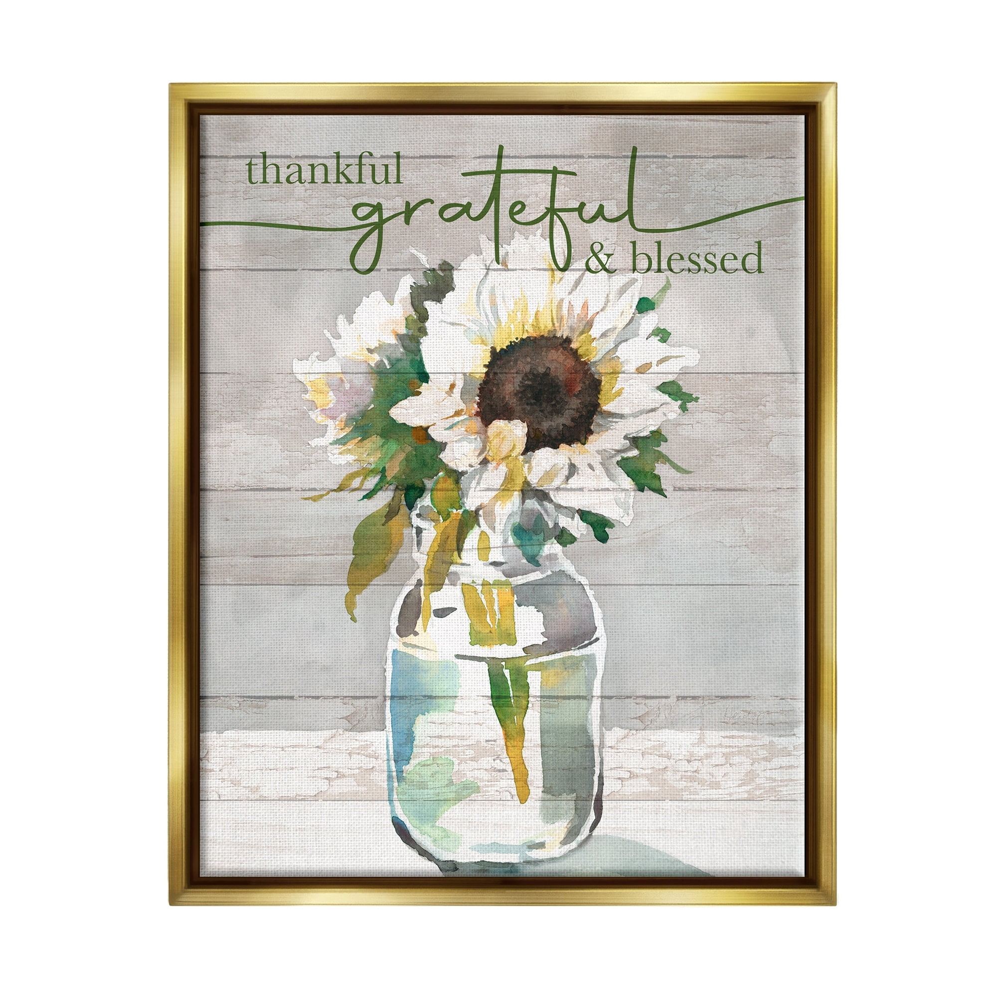 Stupell Industries Grateful & Blessed Layered Sunflower Country Planked Pattern Graphic Art Metallic Gold Floating Framed Canvas Print Wall Art, Design by Theresa Heidel