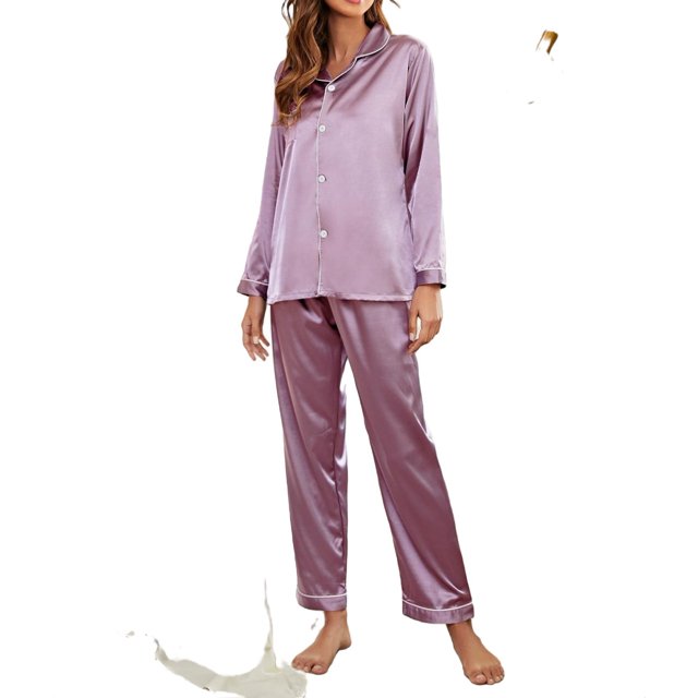 Women's Satin Pajama Set Long Sleeve Top With Pants 2 Pcs Silky Pajama