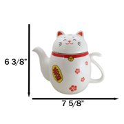 Japanese Maneki Neko Lucky Beckoning Cat Ceramic Tea Pot With Metal Strainer
