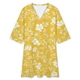 thumbnail image 4 of Yellow Floral White Pattern Design Womens Dress With Pockets Summer V Neck 3/4 Sleeve Dress Plus Size Loose Dress, 4 of 7